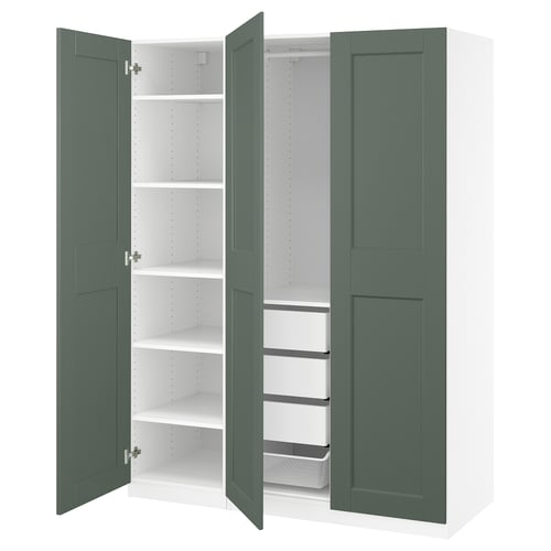 Green PAX wardrobe. Open doors showcase white shelves and mesh drawer. Modern, storage-focused design.