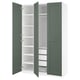 Green PAX wardrobe, open, white shelves, mesh basket.