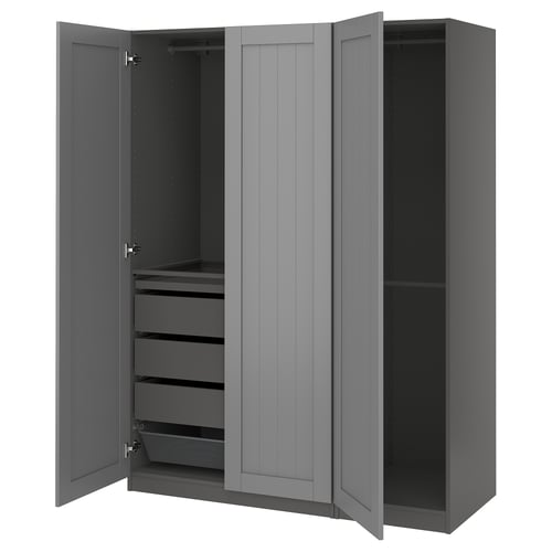 PAX wardrobe: grey, wooden, 3-door, 2 shelves, 2 drawers, mesh basket, wall-mounted.