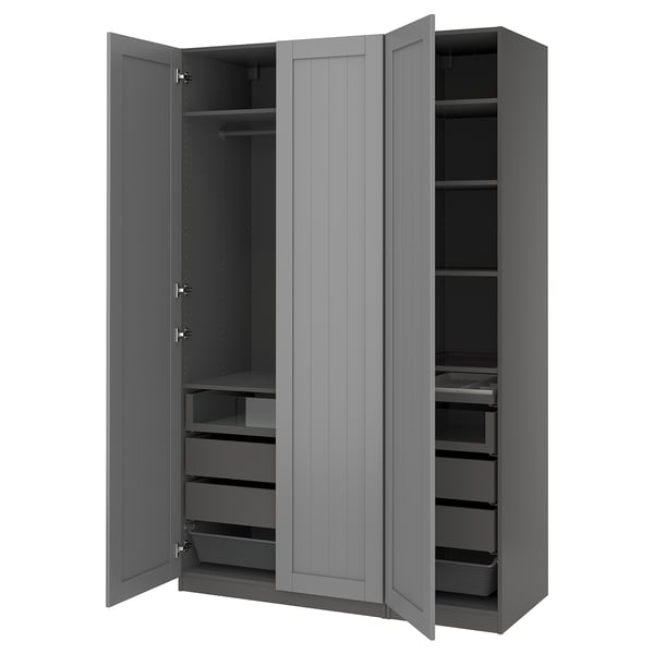Grey PAX wardrobe, open showing shelves, drawers, and rail. Modern, minimalist design.