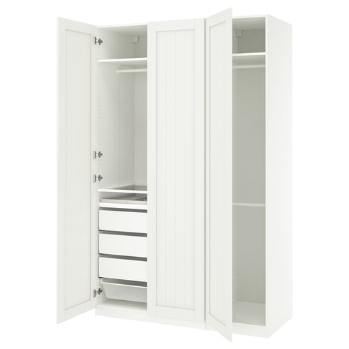Depicts a white ikea PAX wardrobe with open doors, revealing drawers and shelves inside.