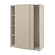 A tan-colored beige ikea PAX wardrobe with sliding doors and internal shelves.