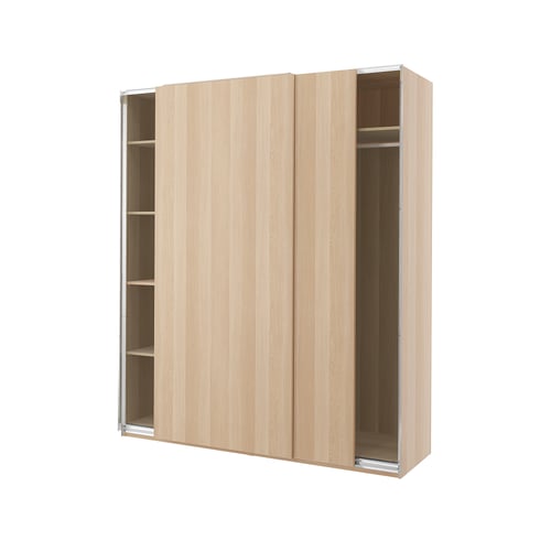 A light wood-colored, sliding door wardrobe named PAX. It a minimalist design with adjustable feet, sliding doors, and a 10-year guarantee.