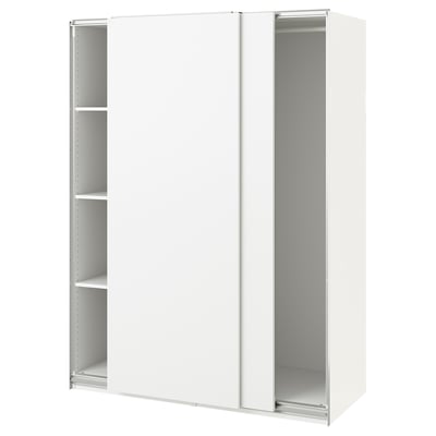 A white PAX wardrobe with sliding doors, minimalist design, and adjustable feet.