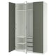 PAX wardrobe: grey-green & white, rectangular. Open doors reveal shelves and drawers.