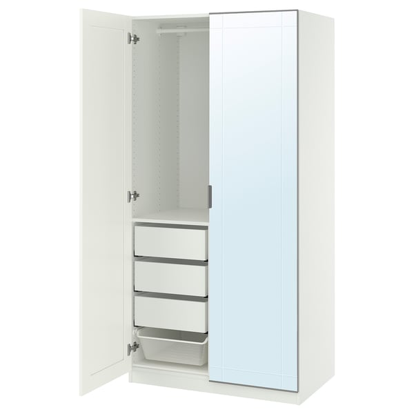 White PAX wardrobe with mirror, shelves, and drawers.