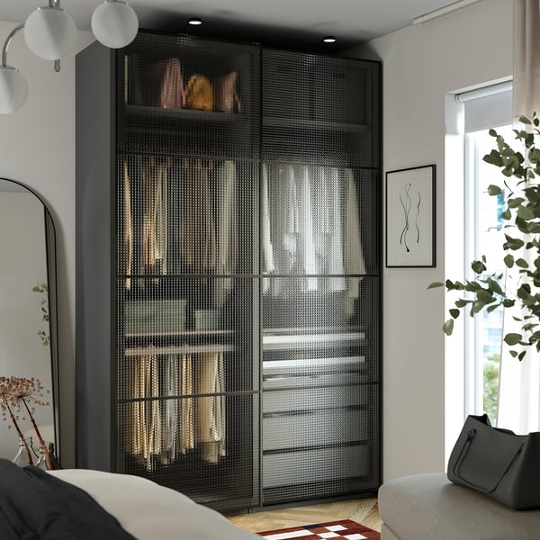 PAX / LUNDBRÄSMA Wardrobe with sliding doors, dark grey black/checkered glass, 150x66x236 cm