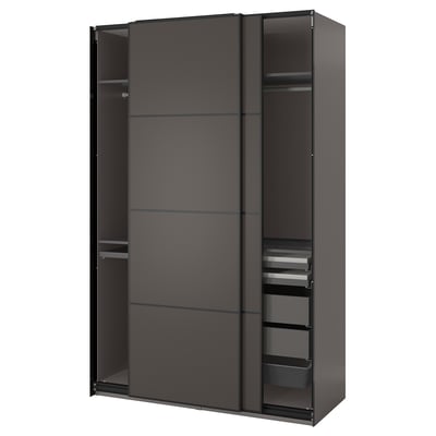 A dark grey ikea PAX wardrobe with sliding doors, offering various storage solutions.