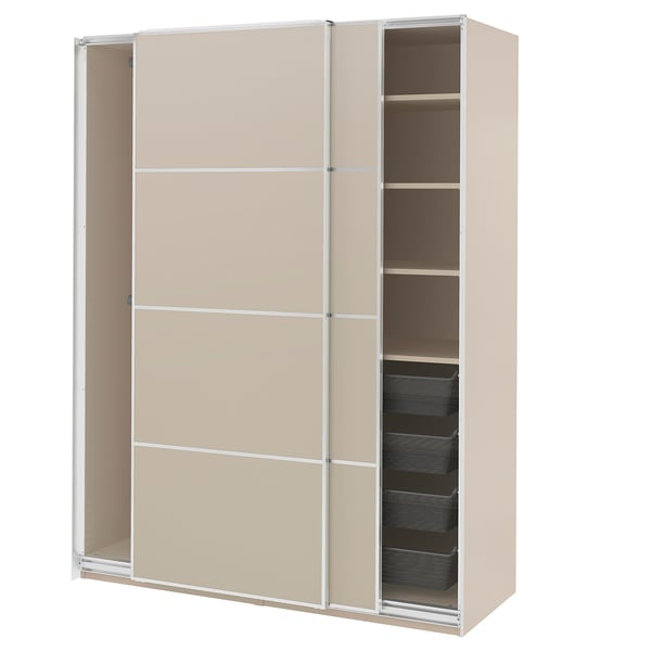 A beige PAX wardrobe with sliding doors, metal frame, and black mesh baskets.