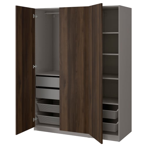 PAX wardrobe, dark brown. Shelves and mesh drawers, silver handles. Open doors reveal storage solutions.