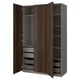 PAX wardrobe: tall, dark brown, with wooden doors, soft-close hinges, mesh baskets, and multiple shelves for organised storage.