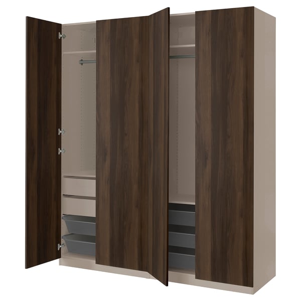 Dark wood PAX wardrobe, open, with shelves and drawers.