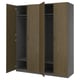 Black PAX wardrobe with three open doors, dark wood grain finish, metal handles, shelves, and hang rail inside.