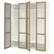 White ikea PAX wardrobe with glass doors and wooden frames, three open sections revealing adjustable shelves.