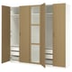 Wooden PAX wardrobe with glass doors, featuring multiple shelves and drawers, in light brown finish.