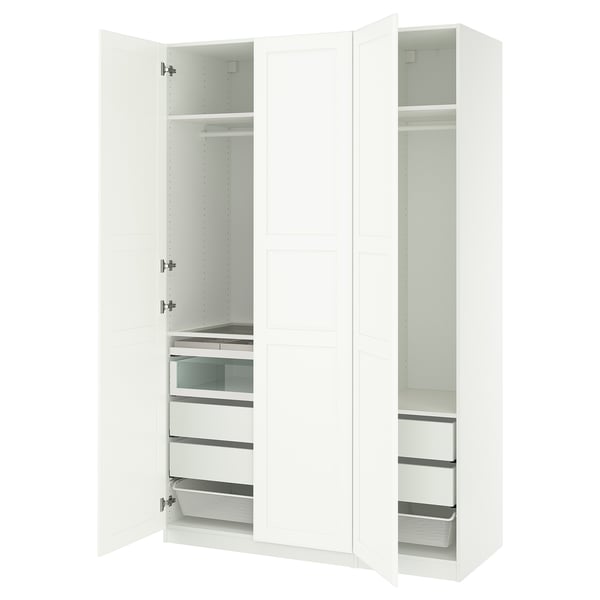 A white IKEA PAX wardrobe with mirrored doors, drawers, and shelves inside.