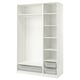 A white ikea PAX wardrobe with empty shelves and mesh baskets at the bottom.