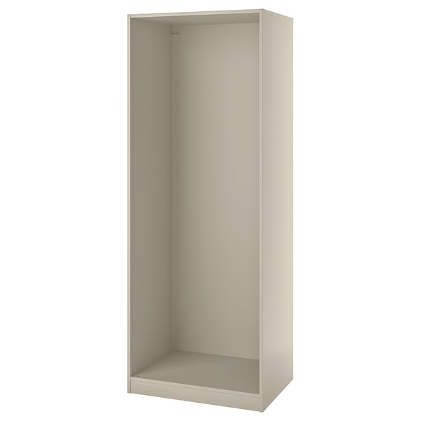 A beige ikea PAX wardrobe frame, rectangular in shape, with adjustable feet and pre-drilled holes for easy assembly.