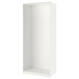 A white IKEA PAX wardrobe frame, rectangular, minimalist, and modern in design, with adjustable feet for stability.