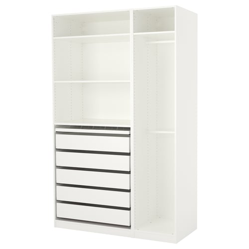 Ikea PAX white wardrobe, sleek modern design with open and drawer storage, metal handles.