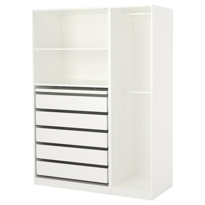 A white ikea PAX wardrobe with multiple shelves and pull-out trays for organization.