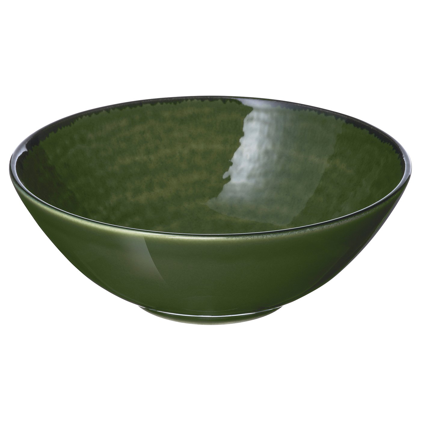 Green ceramic bowl, glossy finish, dark rim, simple design.