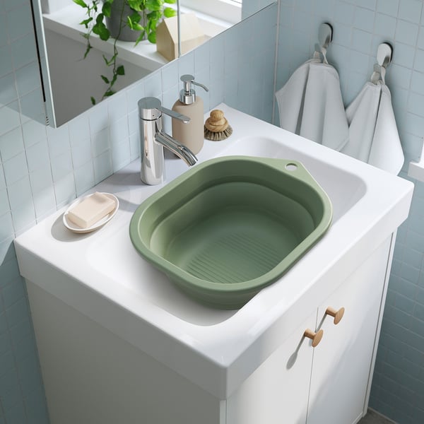 PEPPRIG green foldable wash-tub sits in sink, fits orrsjön. Hangs for storage.