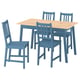 A set of blue pine dining table and four matching chairs with wooden seats. The furniture set is modern and compact, designed for small spaces.