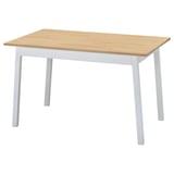 Modern rustic table, light wood top, white legs, rectangular shape. Perfect for small spaces, seats 4.
