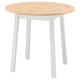 PINNTORP round dining table, light wood top, white legs, simple design.
