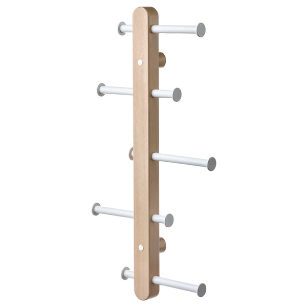 PLOGA coat rack, light wood & white, 6 hooks, wall mount.