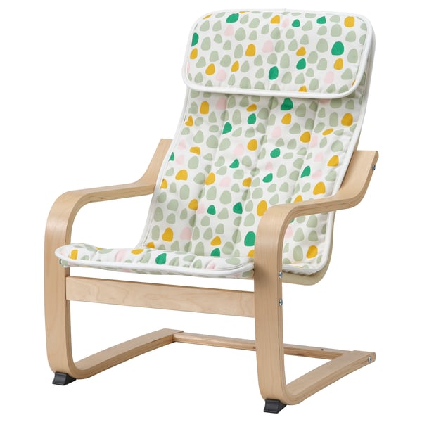 POÄNG kids armchair: light wood frame, dotted white cushion, multicoloured spots.