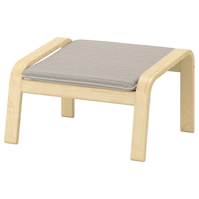POÄNG footstool: light wood, grey cushion, curved design.