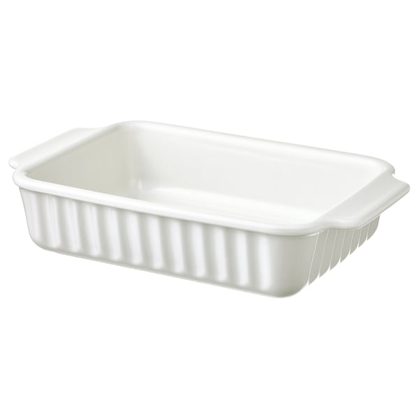 A white POETISK stoneware baking dish with handles and a ribbed design.