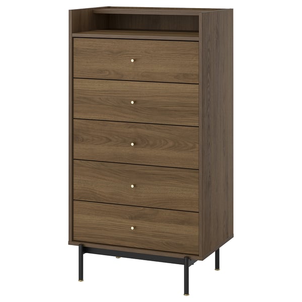 Brown RÅDMANSÖ dresser with 5 drawers, shelf, black legs, brass knobs.