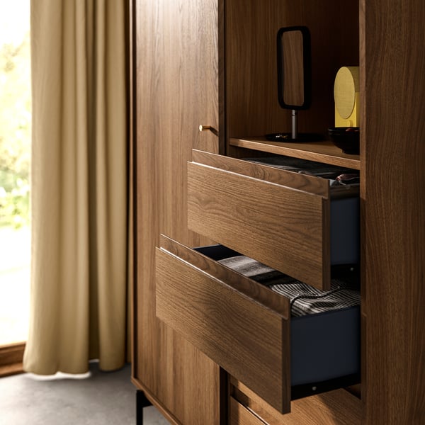 Wooden wardrobe with sliding door and open drawers. Walnut tone, blue interior, and black metal legs.
