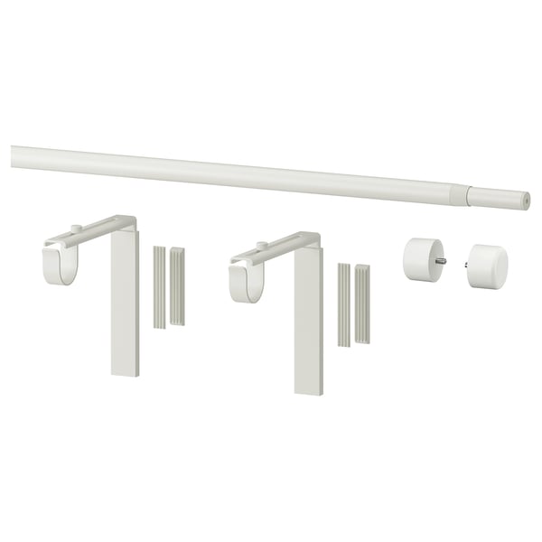 A white RÄCKA curtain rod set including an extendable rod, two brackets, and two finials, all made of steel and plastic.