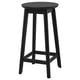 A black RÄVSTEN bar stool with a round seat, four legs, and a footrest. Crafted from durable rubberwood, it a minimalist design.