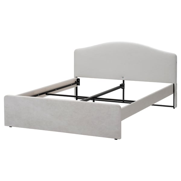 Light grey RAMNEFJÄLL bed, modern, minimalist design. Upholstered head and footboards, steel frame.