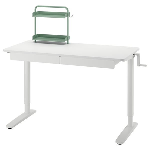 White height-adjustable desk with green organiser. Modern, practical, and space-saving design.