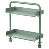 RELATERA: 2-tier green metal rolling cart with handle and removable hook.