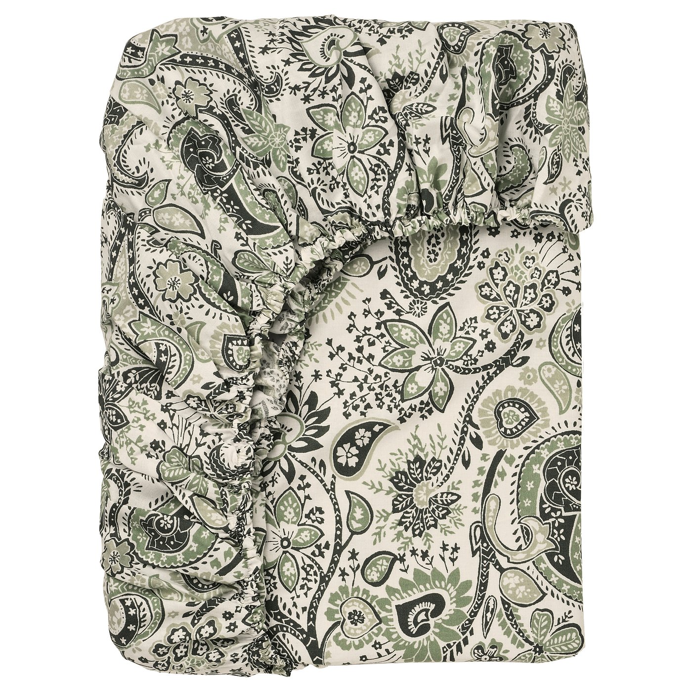 RODGERSIA: soft, green paisley print fitted sheet. Cotton/viscose for breathability and comfort.