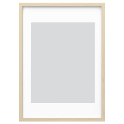 Modern RÖDALM picture frame with light wood design, plastic front protection for safety, can hang vertically or horizontally.