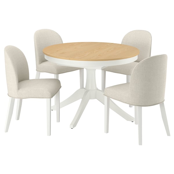 ROSENTORP dining set: white extendable table, 4 light beige chairs with wooden accents & upholstered seats.