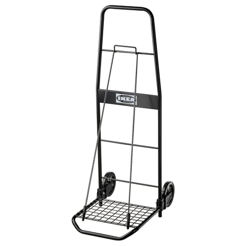 An ikea RULLEBÖR black trolley. It has a metal frame with wheels, designed for heavy lifting and moving.
