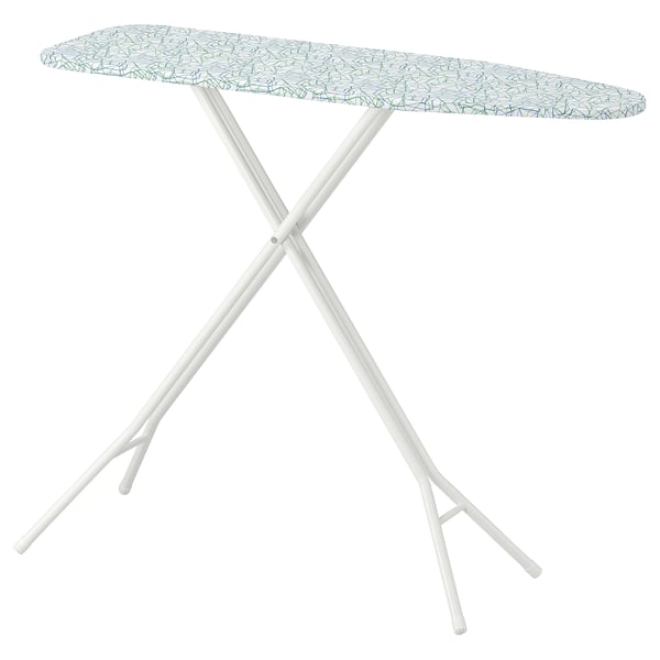 A RUTER ironing board with white legs and a patterned top. It has an adjustable height and is made of steel and cotton.