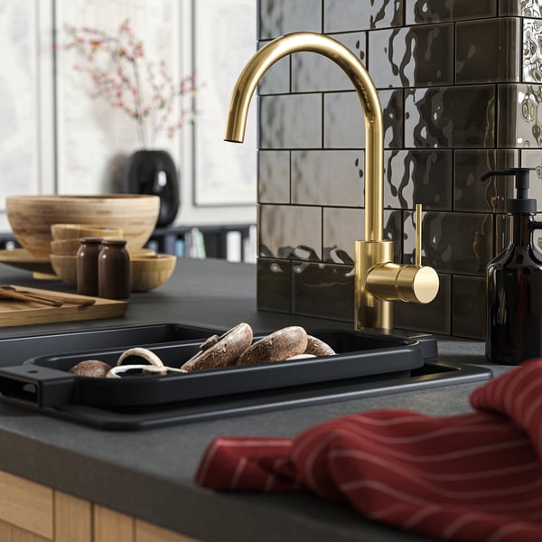 SALLSJÖN Kitchen mixer tap single side lever, brass-colour