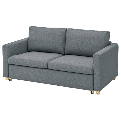 Grey modern sofa with wooden legs and cushions.