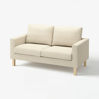 Beige patterned loveseat with light wooden legs, casual and airy design.