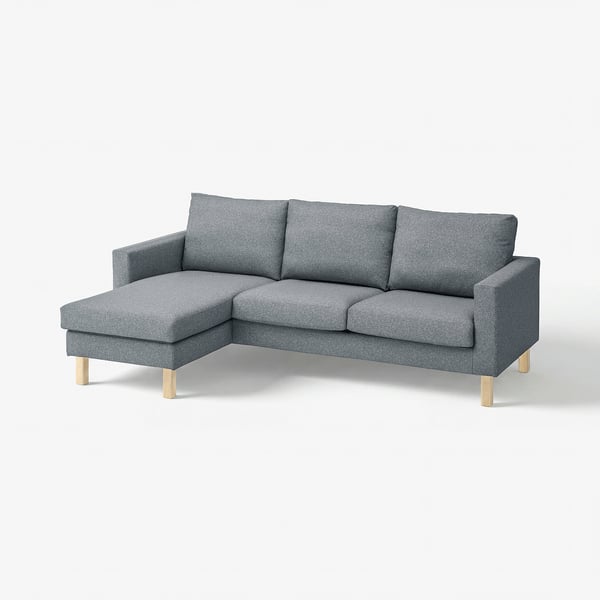 Grey l-shaped sofa with wooden legs, modern design.